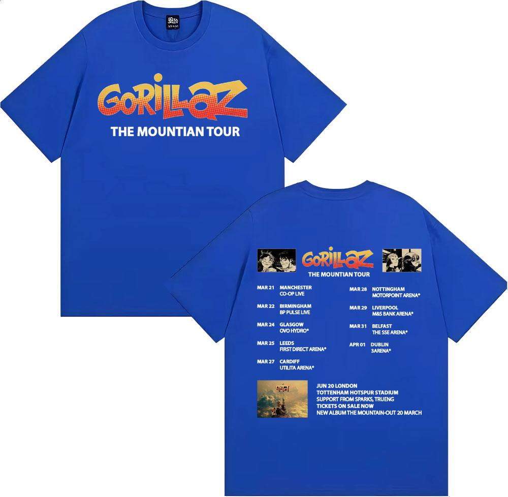 Band Gorillaz New Album The Mountian Tour T Shirts Men Women Vintage Fashion Cartoon Tshirts Cotton Casual Short Sleeve Tshirt