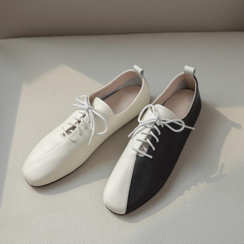 Fashion Women's new leather cowhide lace up color blocked low heel plus size comfortable and soft Oxford shoes walking single shoes