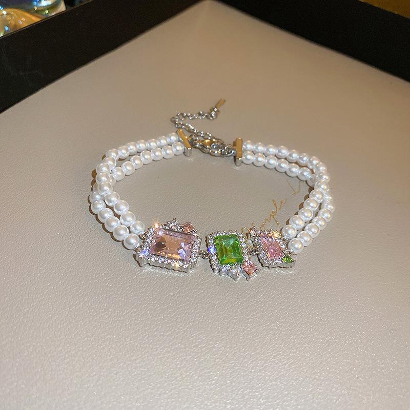 Brățară cu șnur cu perle și zirconiu roz cu strat dublu – Bijuterii de modă elegante și versatile