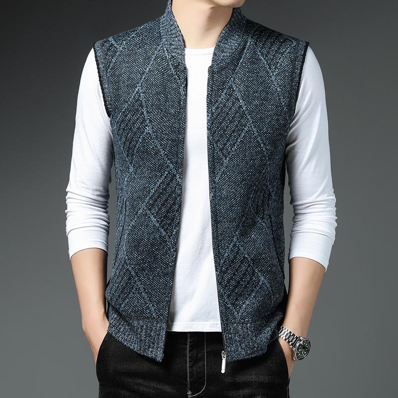 Autumn Winter Men's Vest Full Zipper Sleeveless Cardigan Knitted Sweater Vests Casual Warm Fleece Waistcoat