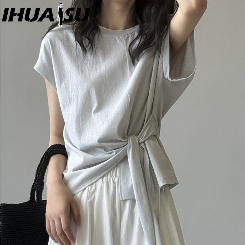 

IHUASU Женские модные повседневные однотонные блузки и рубашки с коротким рукавом и круглым вырезом с принтом one size серый