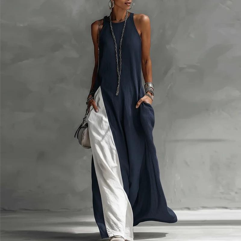 

Spring new women s clothing, European and American, fashionable and elegant color contrasting neck sleeveless dress S тёмно-синий