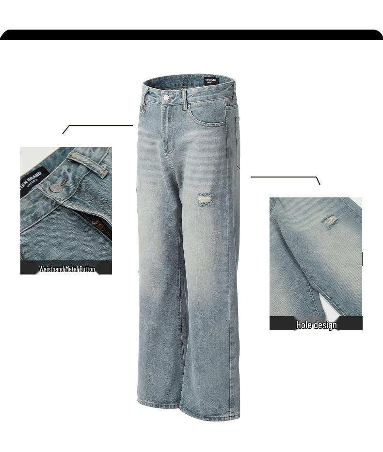 Yongfang Retro Distressed Wide-Leg Jeans - Unisex Street Style Ripped, Floor-Length Pants