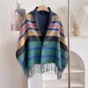 Faux Wool Double‑Sided Plaid Poncho Shawl Thick Knit Checkered Fringe Cape Blanket Shawl  Winter