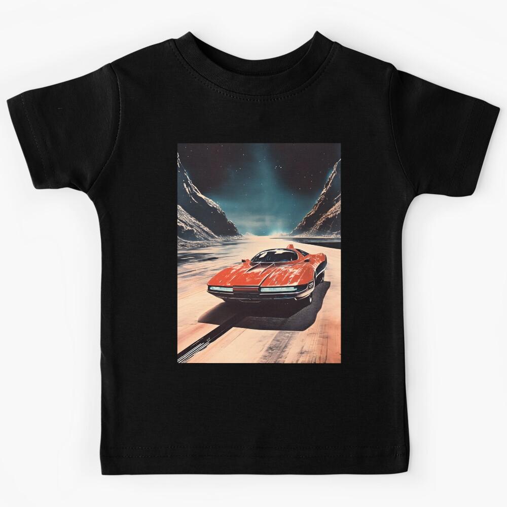 Red Retro Futuristic Sports Car and an Extraterrestrial Desert Landscape at Night with Starry Sky Kids T-Shirt 110