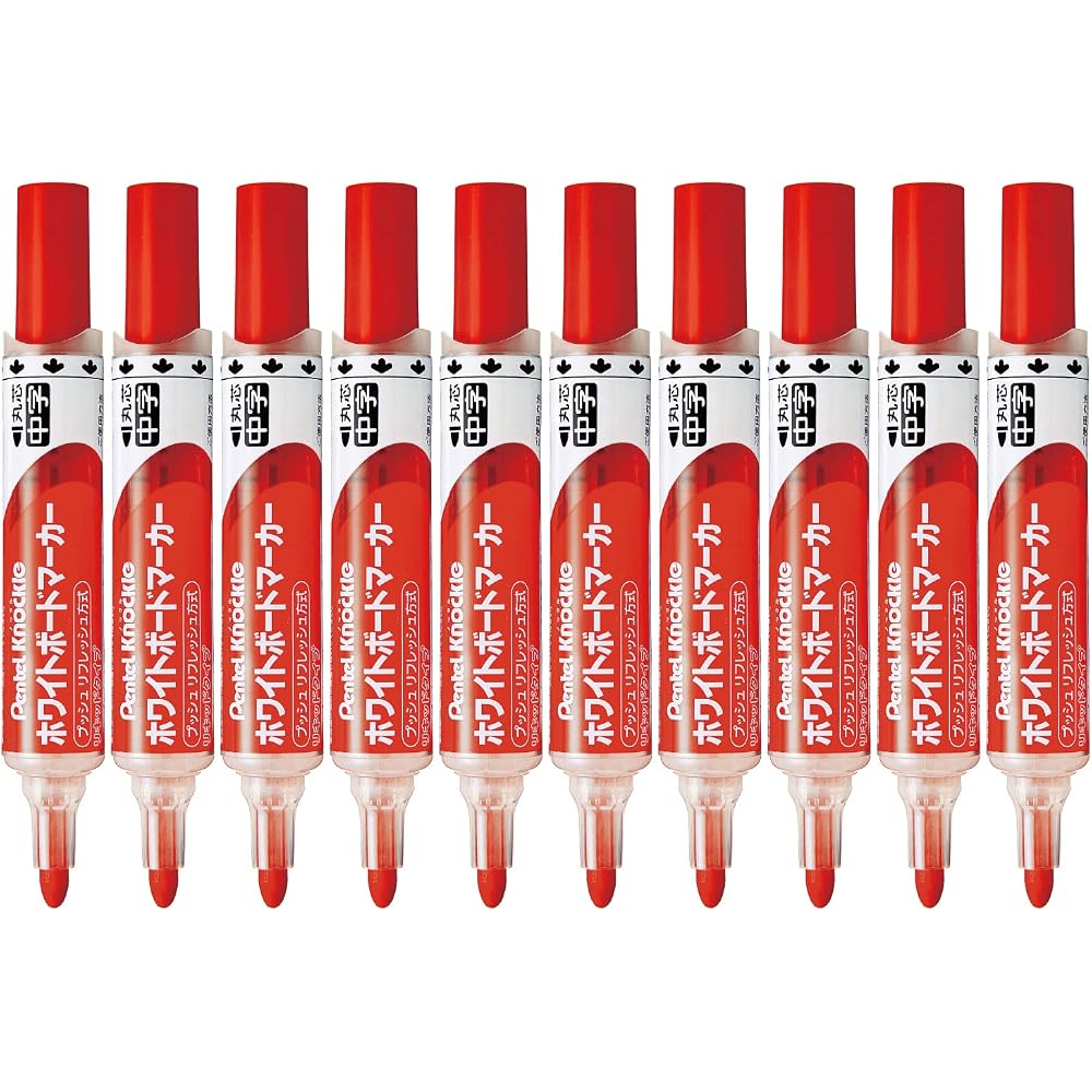 Pentel Whiteboard Marker Knocks, Round Core, Medium, EMWLM-B, Red, 10