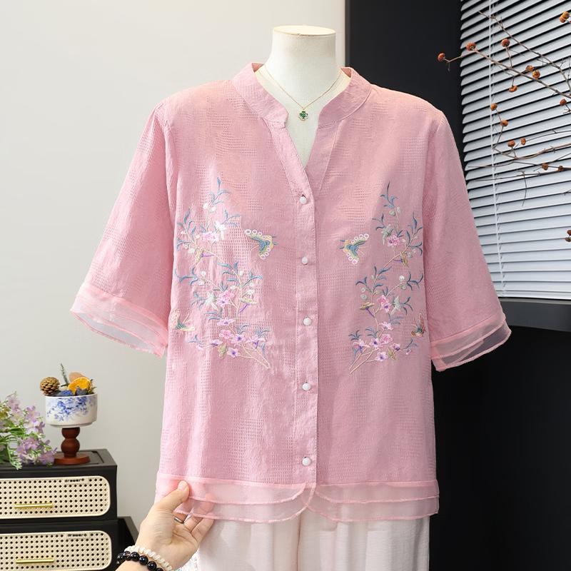 New Chinese Embroidered Stand-Up Collar Shirt for Middle-Aged Women