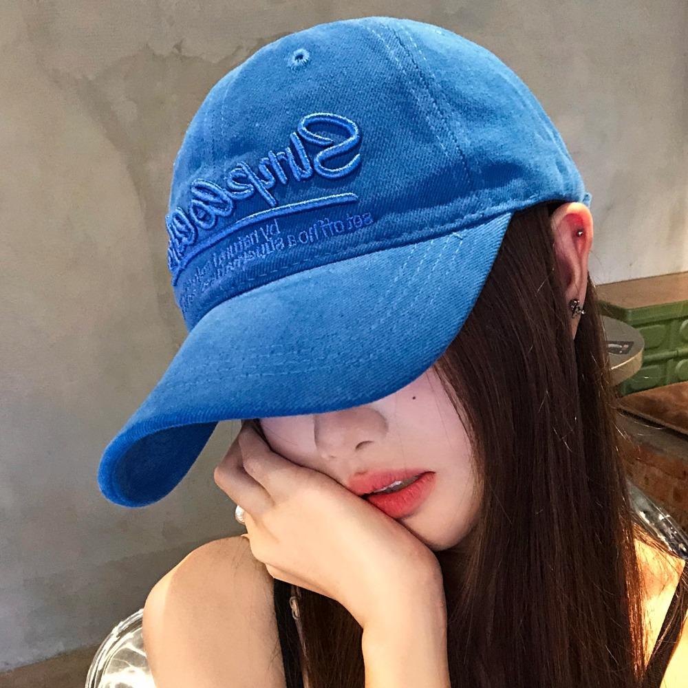 Vintage Letter Embroidered Blue Baseball Cap Wide Brim Large Head Size Face Slimming Korean Style Sun Visor Peaked Hat For Women