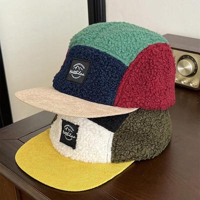 5 Panel Retro Fleece Cap for Men Women, Color Block Patchwork Flat Brim, Thick Warm & Windproof, Ideal for Daily Outdoor Wear