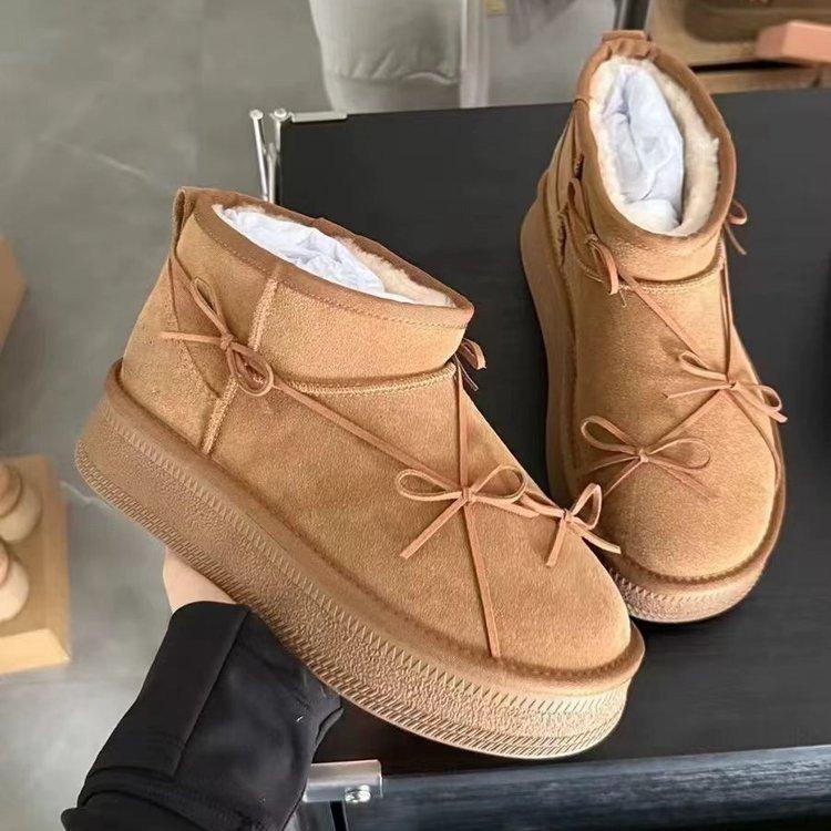 Bow thick-soled snow boots women's 2025 winter new leather integrated non-slip velvet thickened warm short boots