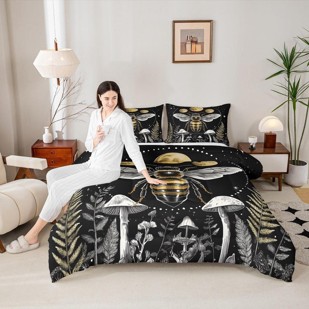 Erosebridal Bee Bedding Twin Hippie Mushroom Comforter Set Moon Phase Bedding Comforters & Sets Starry Sky Duvet Butterfly Dragonfly Quilt C