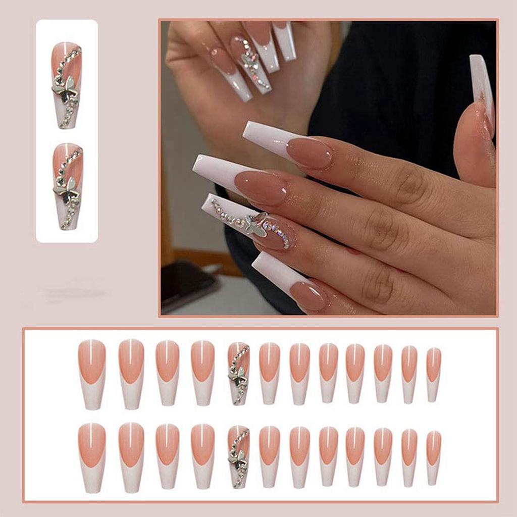 24PCs Line Nail Piece Long Nail Piece With Jelly Gel Removable Wear Nail Summer Manicure