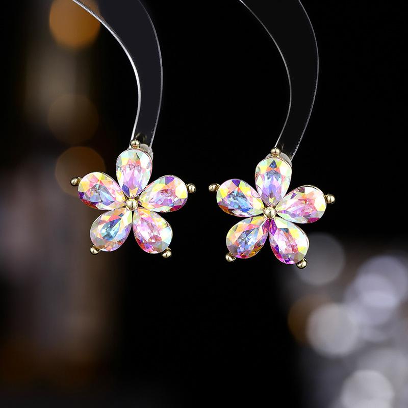 925 Silver Needle Flower Crystal Earrings, Korean Style High-End Zircon Studs, Sweet Dopamine Design for Women