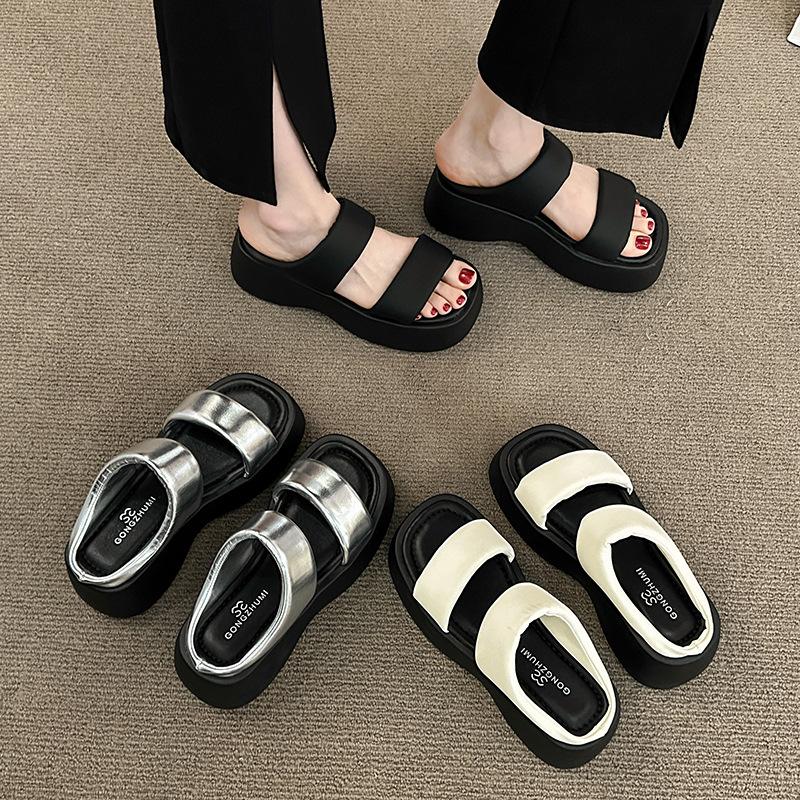 Casual outer wear one-word drag women s summer new muffin thick-bottomed small man height increase comfortable cool slippers 35 4486₽