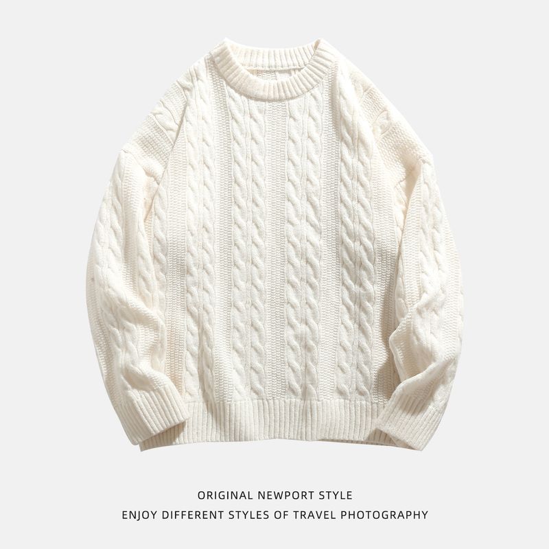 Lazy Style Cable Knit White Crew Neck Sweater for Men 2025 Autumn and Winter Vintage Loose Casual Knitwear Jacket