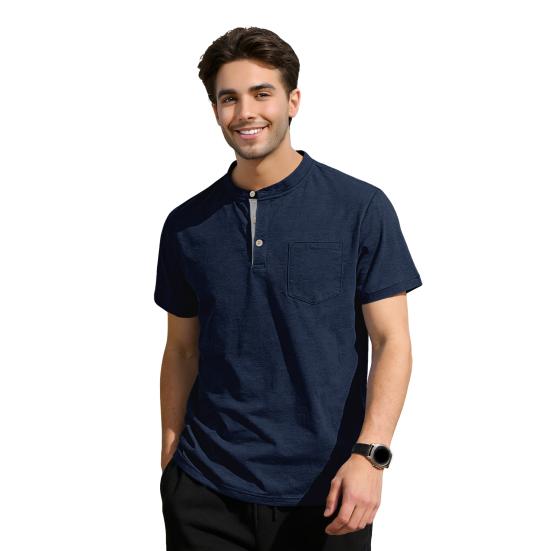 

Мужская футболка с воротником-стойкой и четвертью пуговиц, однотонная, с коротким рукавом, летняя, свободного кроя, с нагрудным карманом, для улицы, праздников, пляжа L темно-синий