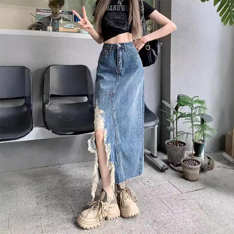 Plus Size High Waist Ripped Denim Midi Skirt - Summer Slimming A-line with Irregular Slit