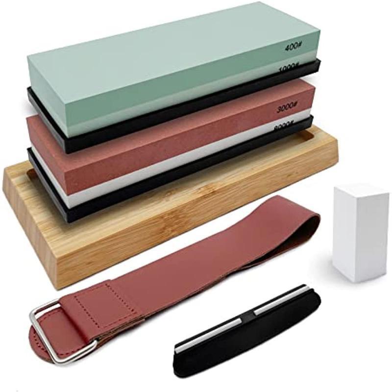 1Set Kitchen Knife Sharpening Stones Set Knife Sharpening Kit 400/1000 3000/8000 Grit Wet Stone Flattening Stone Angle Guide Leather Strop