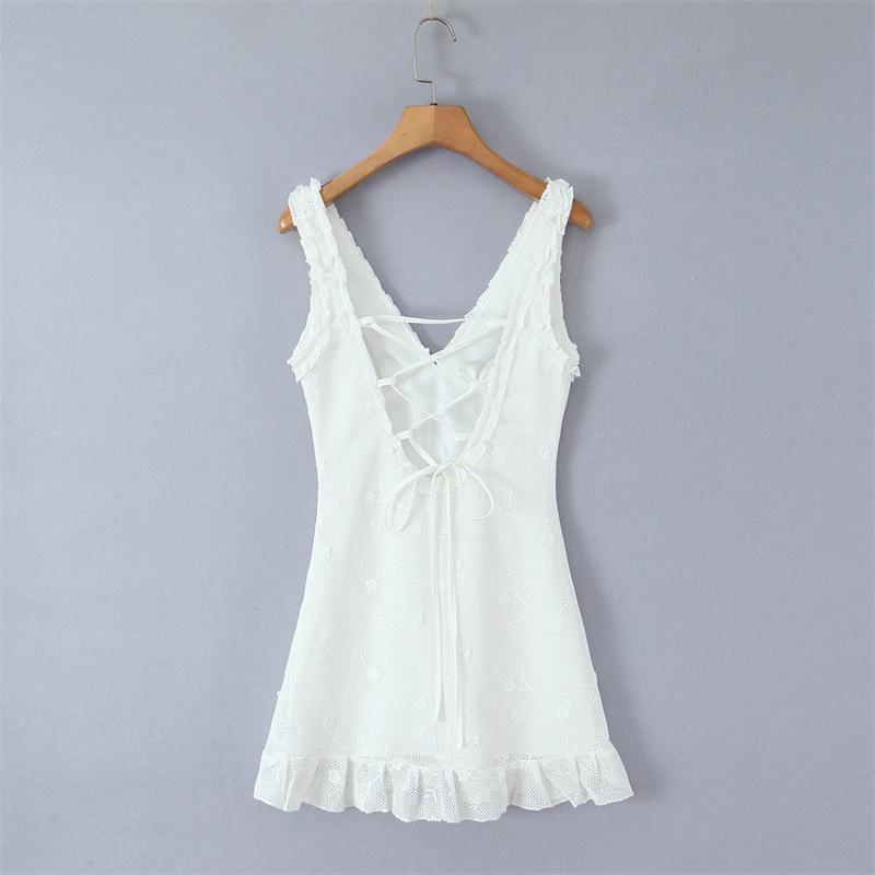 Design-Sense Women's V-Neck Mesh Embroidery Sleeveless Slim-Fit Open-Back Dress