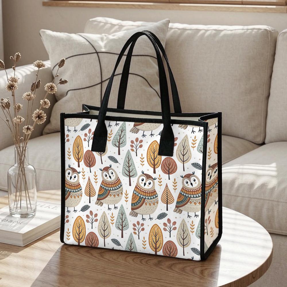 Cute Owl Print Canvas Tote Bag Large Capacity Casual Handbag for Daily Shopping Commute
