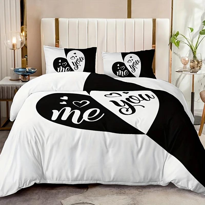 3Pcs Couple Bedding Set Black And Red Love Romantic Print Quilt Cover Set Christmas Valentine'S Day Gift For Lover