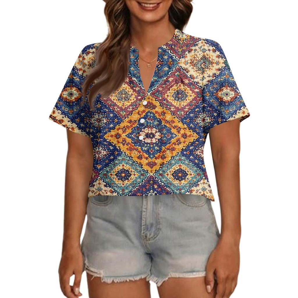 Women's Fashionable Casual V Neck Button Up Oversized Short Sleeve Printed Top