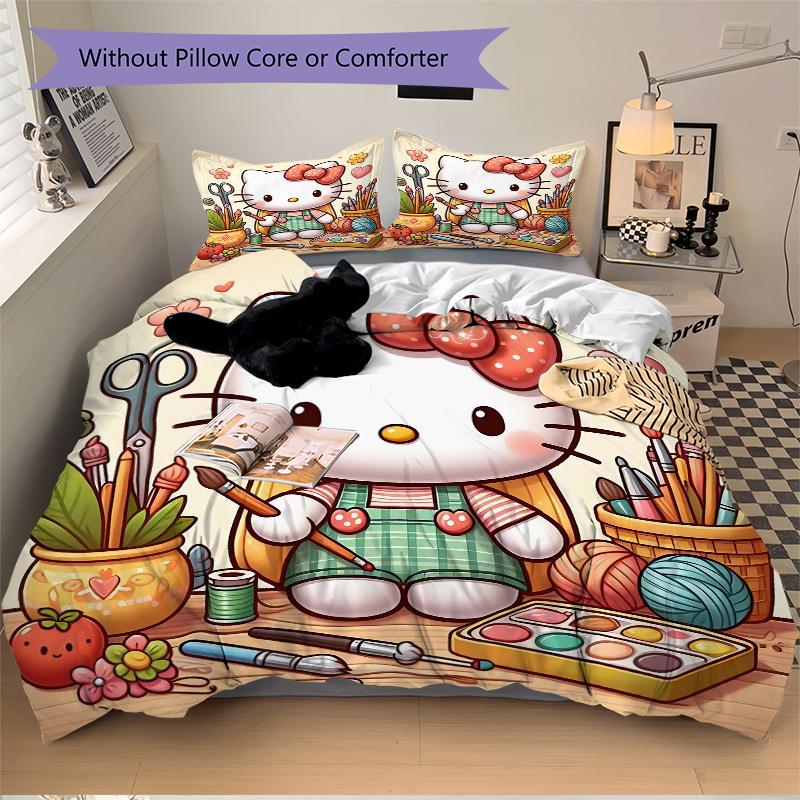 3pcs Hello Kitty's Artistic Haven Quilt Set - Soft and Comfortable Bedroom, Guest Room and Dorm Decor Bedding Set 1 Quilt Cover + 2 Pillowca