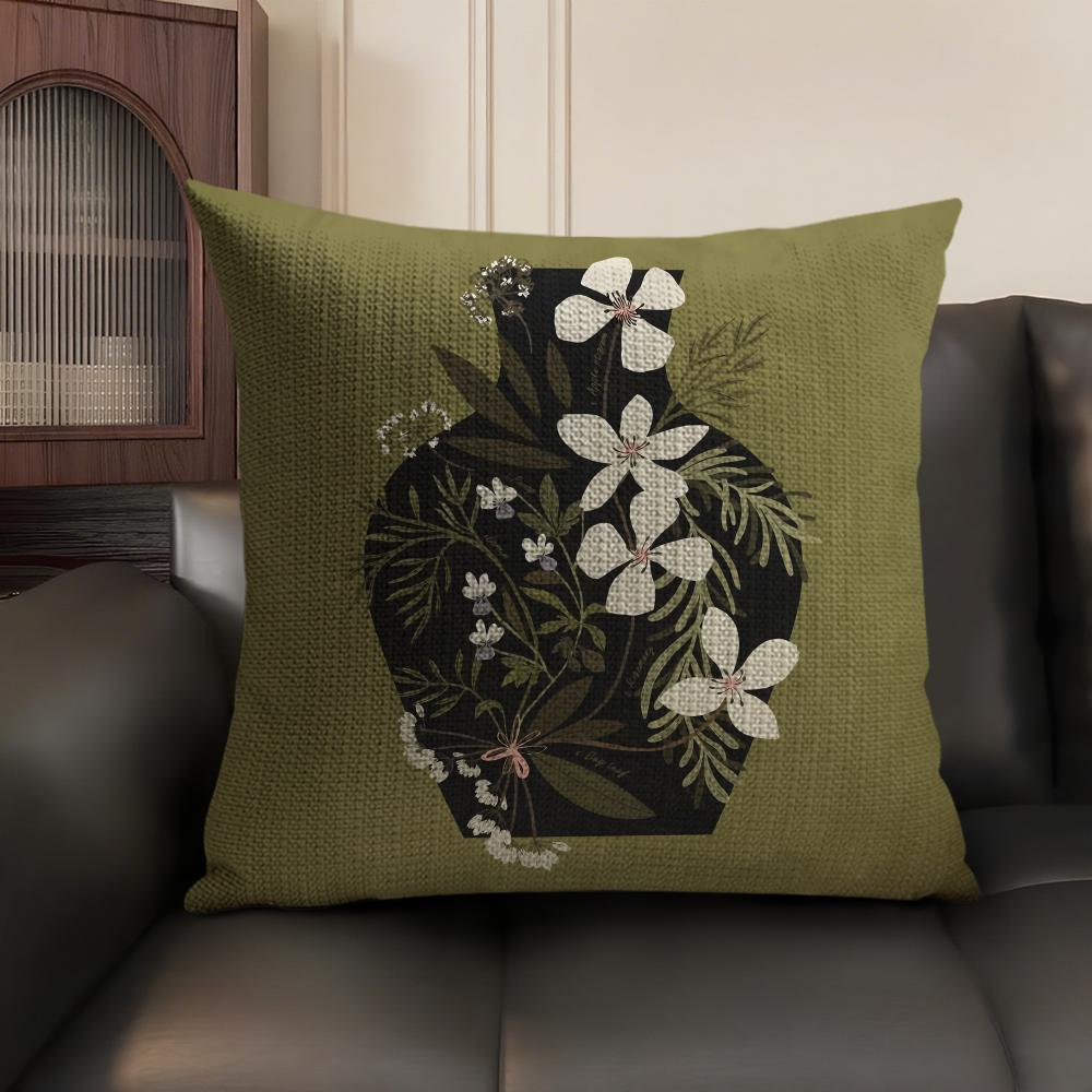 Classic Vintage Vase Cushion Cover Natural Linen Organic Fabric DoubleSided Printing Sofa Home Decor Breathable Environmentally