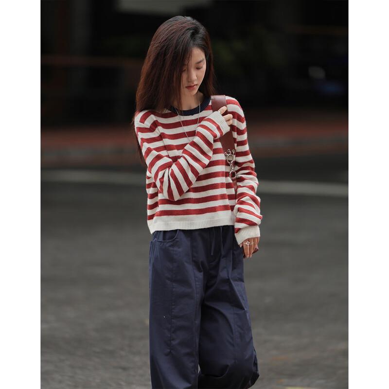 DeMana Women's Classic Stripe Round Neck Knit Sweater