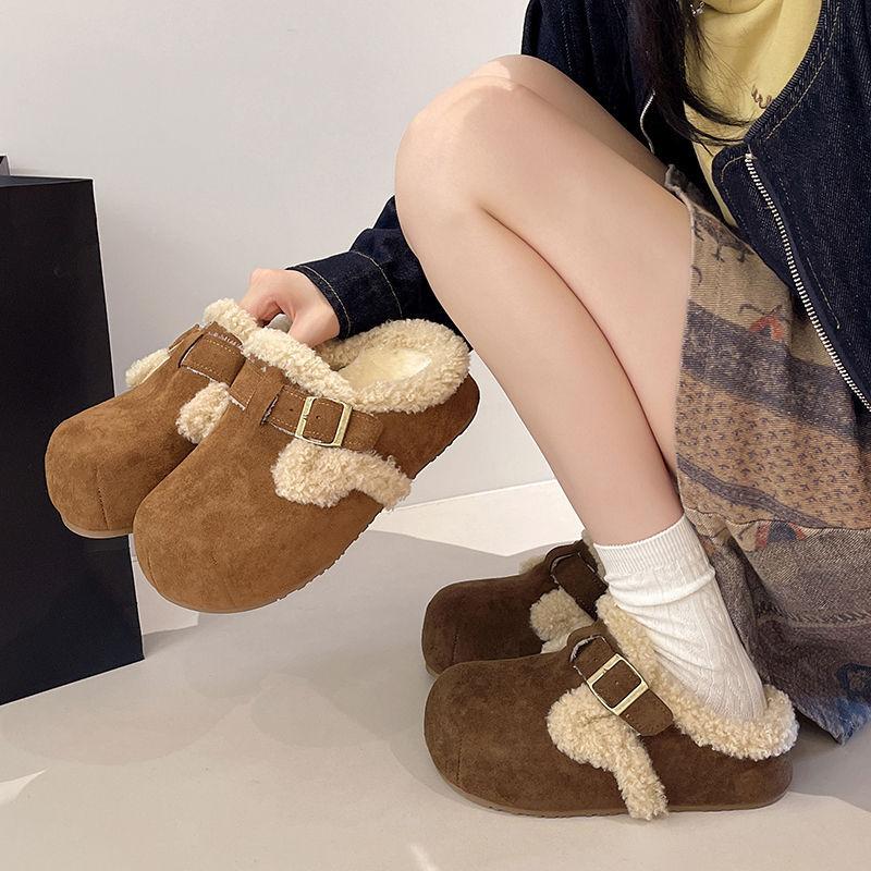 Half slippers with velvet bean shoes cotton slippers for women in autumn and winter 2025  new retro thick soled Boken slippers