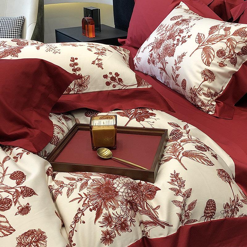 Elegant Big Red Wedding Cotton Sateen Duvet Cover Set: 100% Long-Staple Cotton, Four-Piece Bedding for Wedding Celebration.