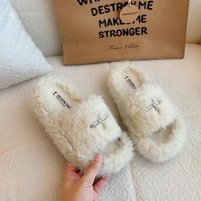 Cross Fluffy Slippers Women Wear Autumn 2025 New Versatile Popular Ins Thick-bottomed Cotton Drag Lazy Slippers Women