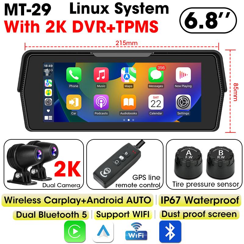 6.8 Inch Motorcycle Navigation 2K DVR Wireless CarPlay Android Auto IP67 Waterproof Dual Bluetooth Display Screen Portable TPMS
