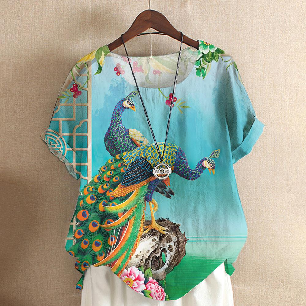 Harajuku Casual Short Sleeve Top Tee O Neck Oversized Female Clothing Women's T-Shirts Cute Animal Peacock 3d Print T-Shirt