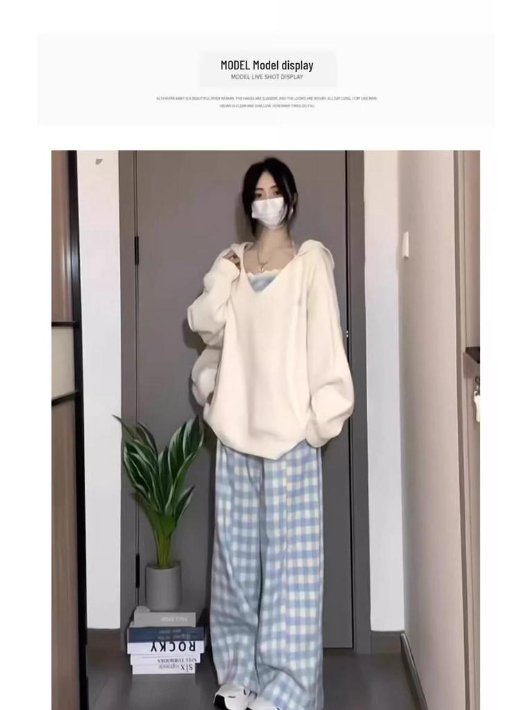 Damen Blaue Karomuster High-Waist Weitbein Petite Hose - Frühling/Sommer 2025 Kollektion