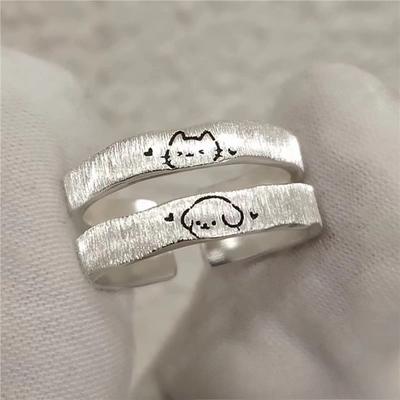 Brushed Puppy Cat Silver Plated Couple Ring Men's and Women's Love Confession Ring Couple Ring Gift