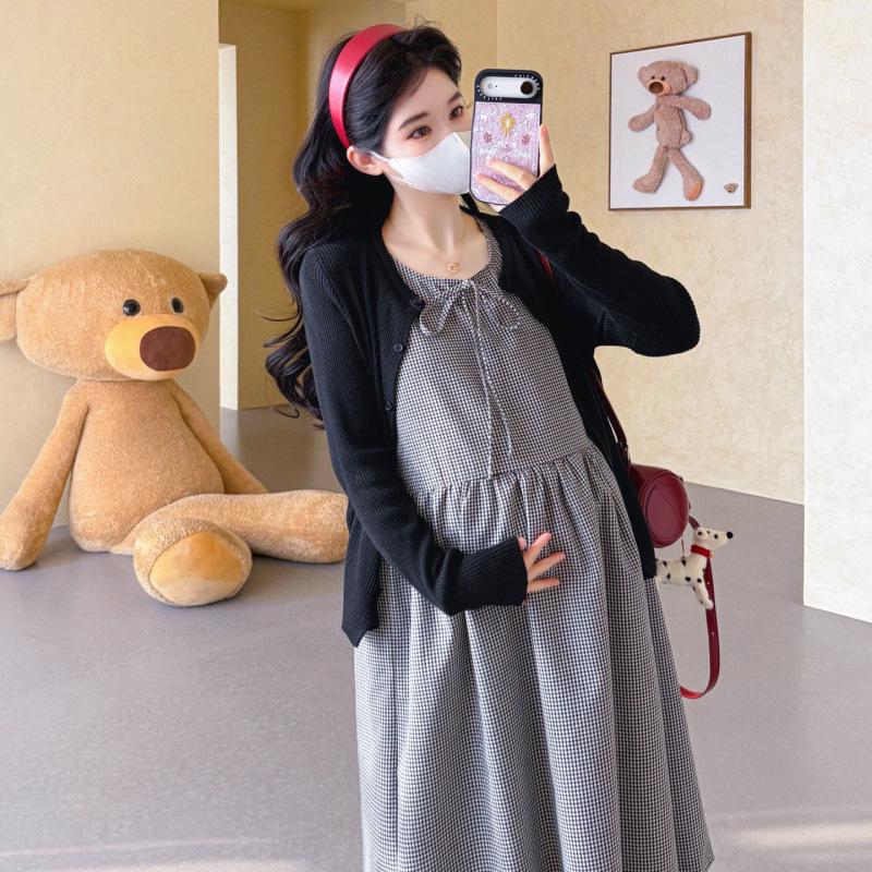 Trendy Maternity Plaid Vest Dress & Sun Protection Two-Piece Set 2XL