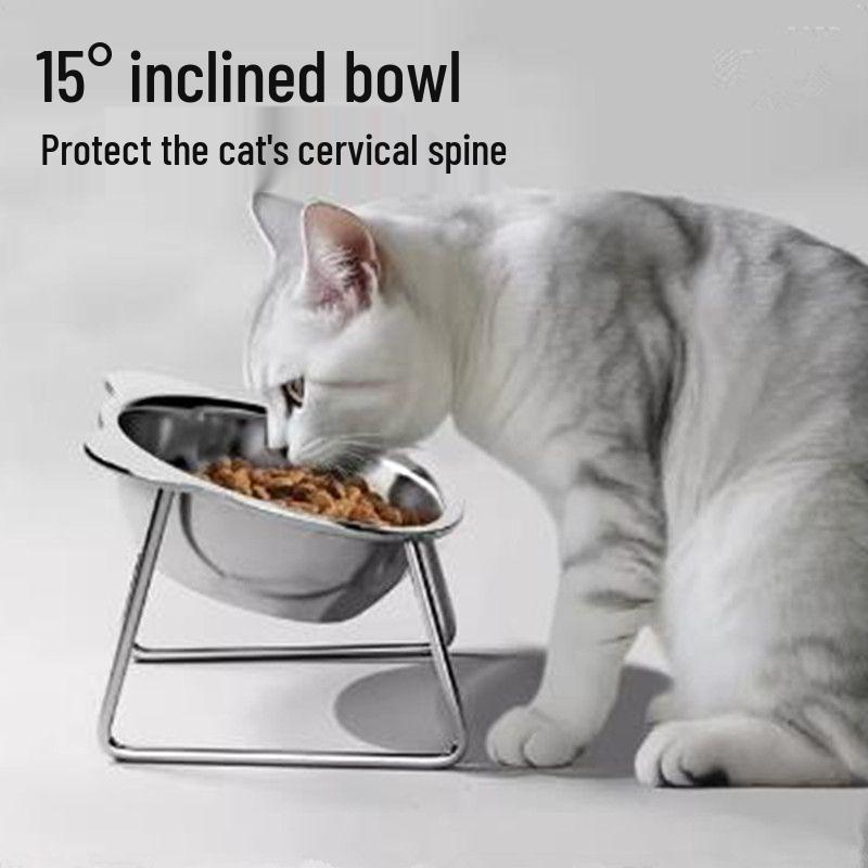 Cervical-Friendly Anti-Knock Pet Bowl: 304 Stainless Steel Slanted Rice & Water Bowl Upgraded Extra Thick, Spill-Proof, Neck Protection
