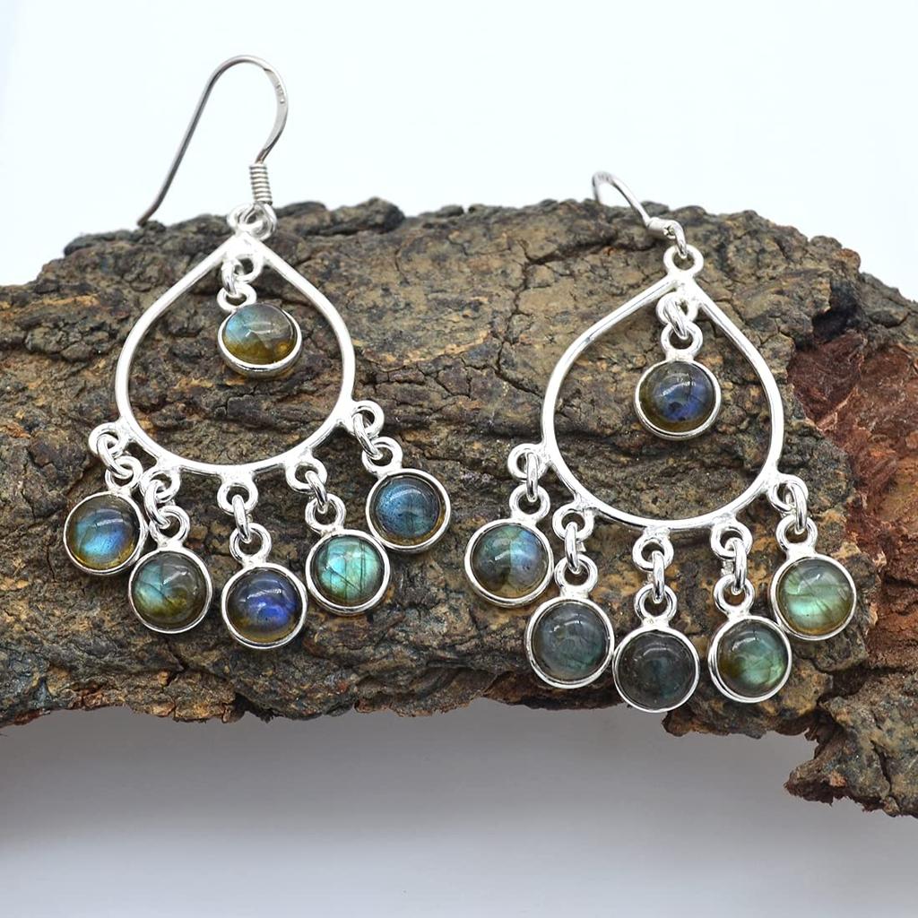 Natural Labradorite Earring-925 Sterling Silver Handmade Dangle Earrings Round Shape Silver Boho Handmade Drop & Dangle For Women
