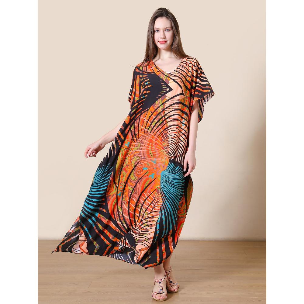 Plus Size Boho Kaftan Dress, Women's Plus Maxi Cover Up Dress