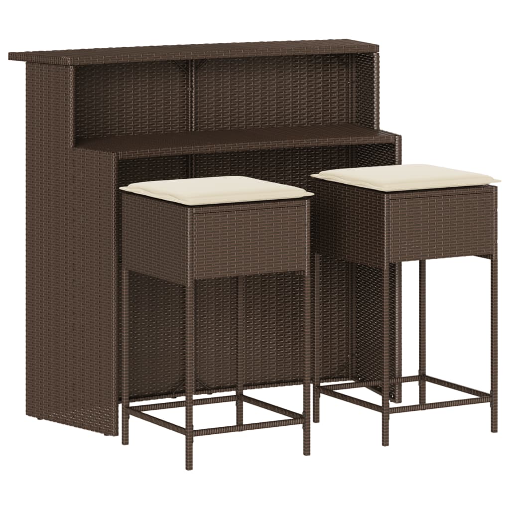 3 Piece Garden Bar Set with Cushions Brown Poly Rattan