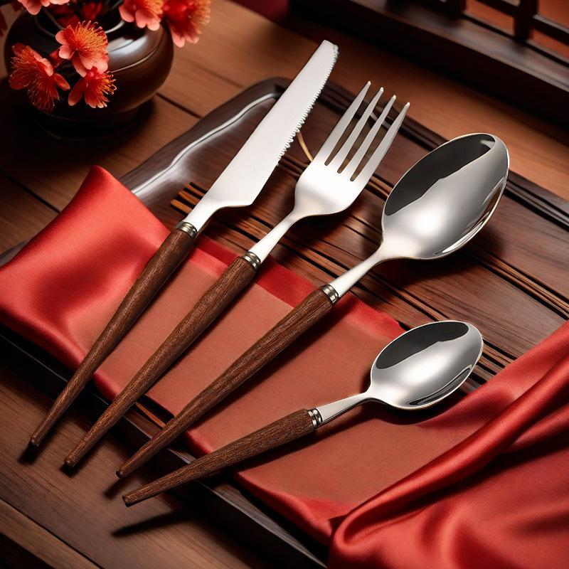 4-Piece High-End Stainless Steel Cutlery Set with Wooden Handles: Includes Knife, Fork, Spoon, and Teaspoon for Western Cuisine.