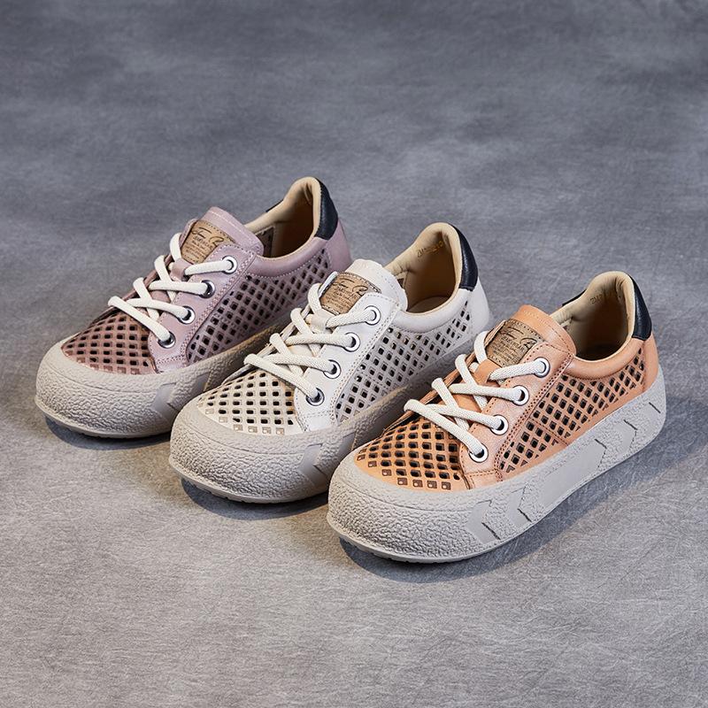 Fashion Fashion Women Flat Platform Shoes Summer Hollow Out Breathable Lace-Up Casual Sneakers Women Versatile Board Shoes Beige