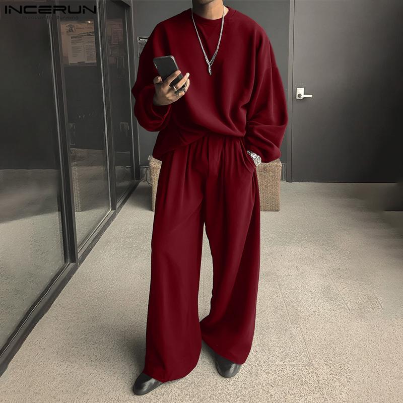 INCERUN Oversized Autumn Men Long Sleeve Pullovers Long Pants Casual Two Pieces Sets Outfits