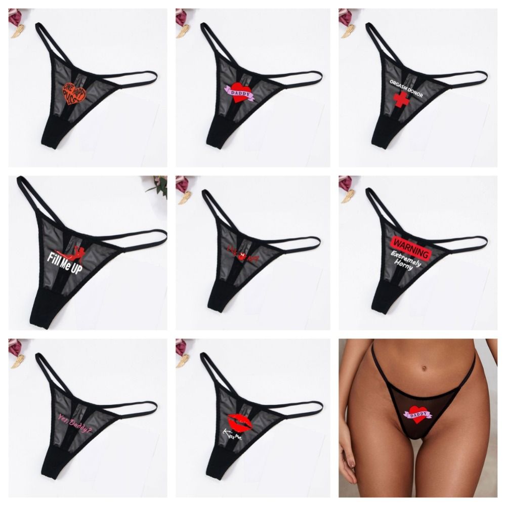 Printing Sexy G Strings Letter Low Waist T-back Transparent Sexy Mesh Thong Briefs