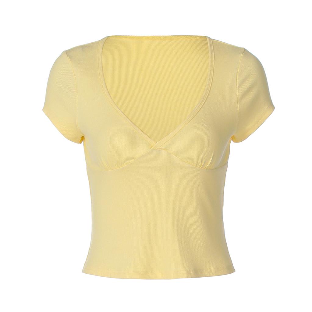 Hot-selling solid color v-neck short-sleeved t-shirt women's summer new slim-fitting and thin shoulder versatile top