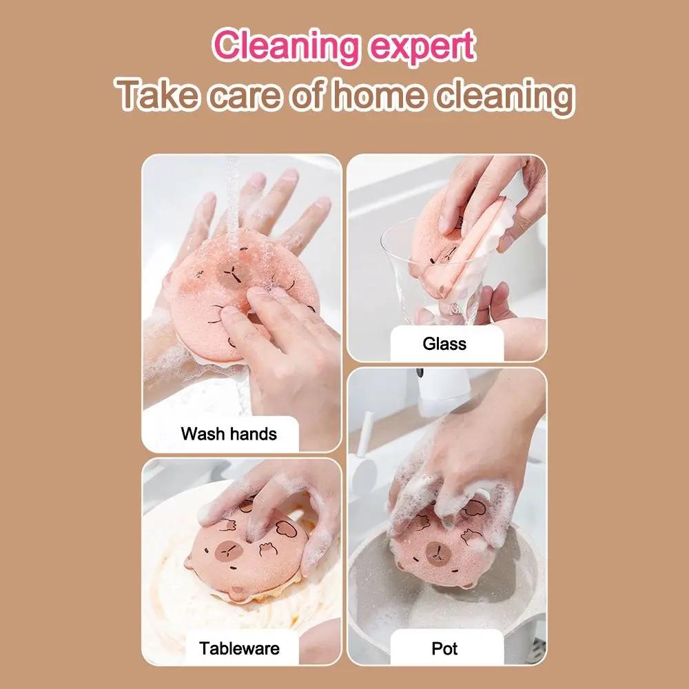 New Cartoon Capybara Cleaning Sponge Reusable with Suction Cup Rack Cleaning Brush Dishwashing Brush Clean Tool
