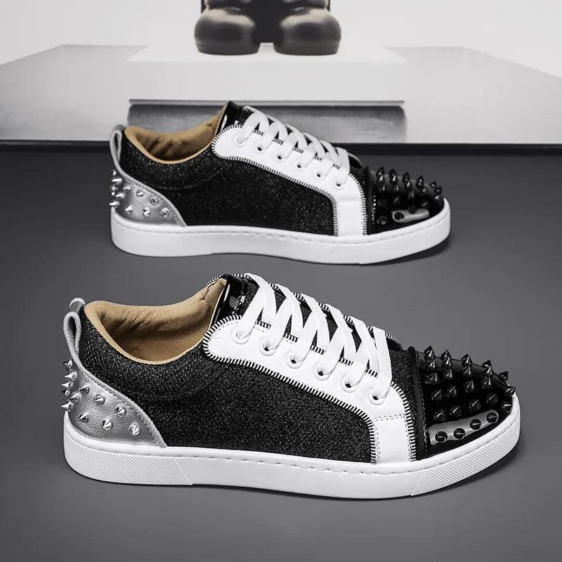 Fashion Men Sneakers Casual Designer Rivet Punk Board Shoes Fashion Leather Canvas Breathable Height Increased Flat Platform White Shoes