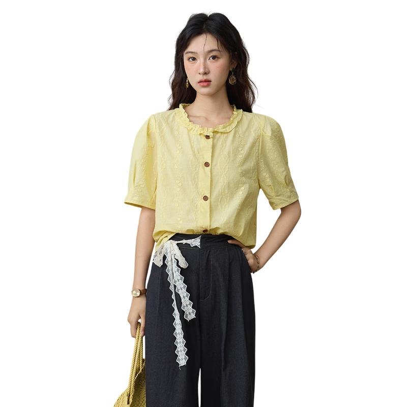 Mishow Vintage Embroidered Puff Sleeve Top S