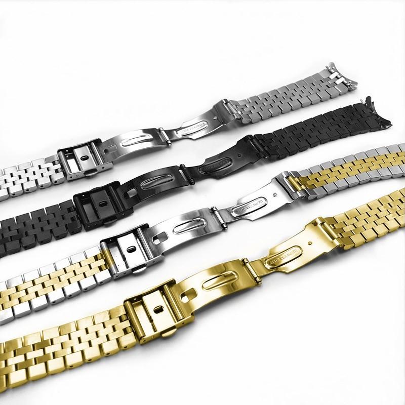 Universal Stainless Steel Bull Ring Watch Band with Curved Ends and Double Push Butterfly Clasp - 18/20/22mm